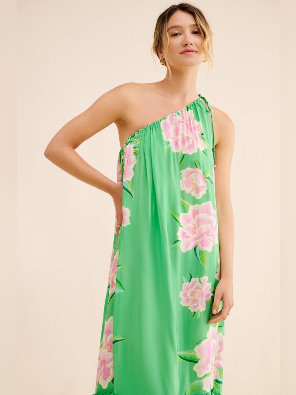 FARM Rio Green Floral Vibing Maxi Dress One Shoulder Floral Maxi